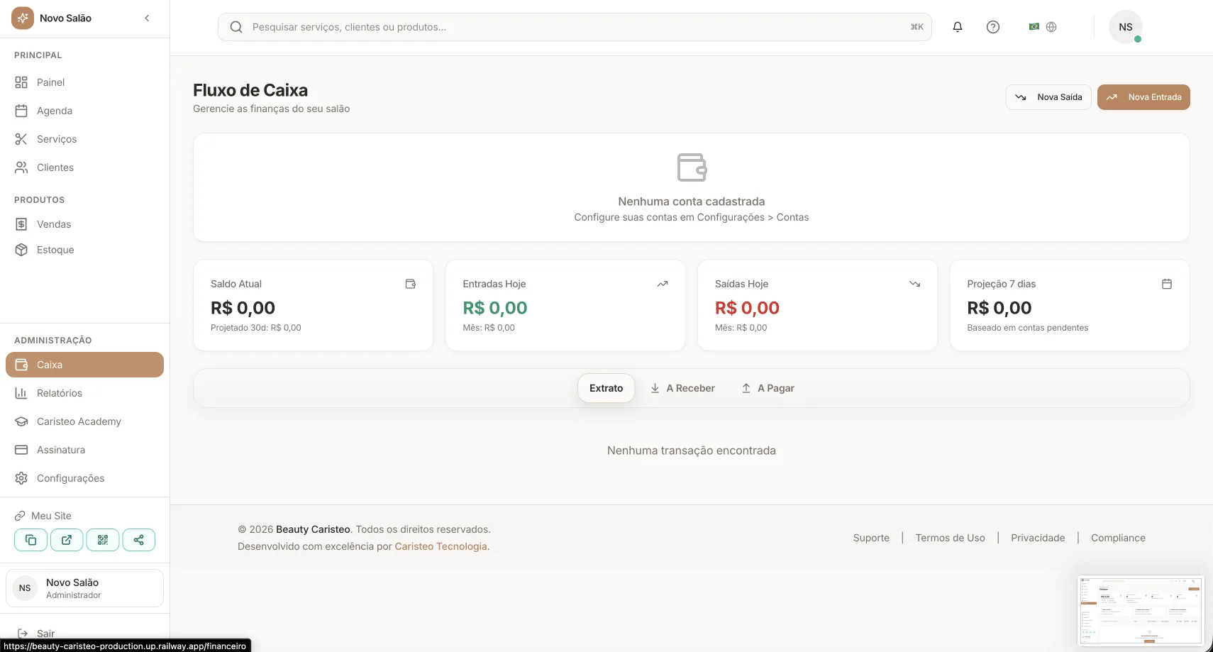 Tela real do Gestão Salão: Financeiro