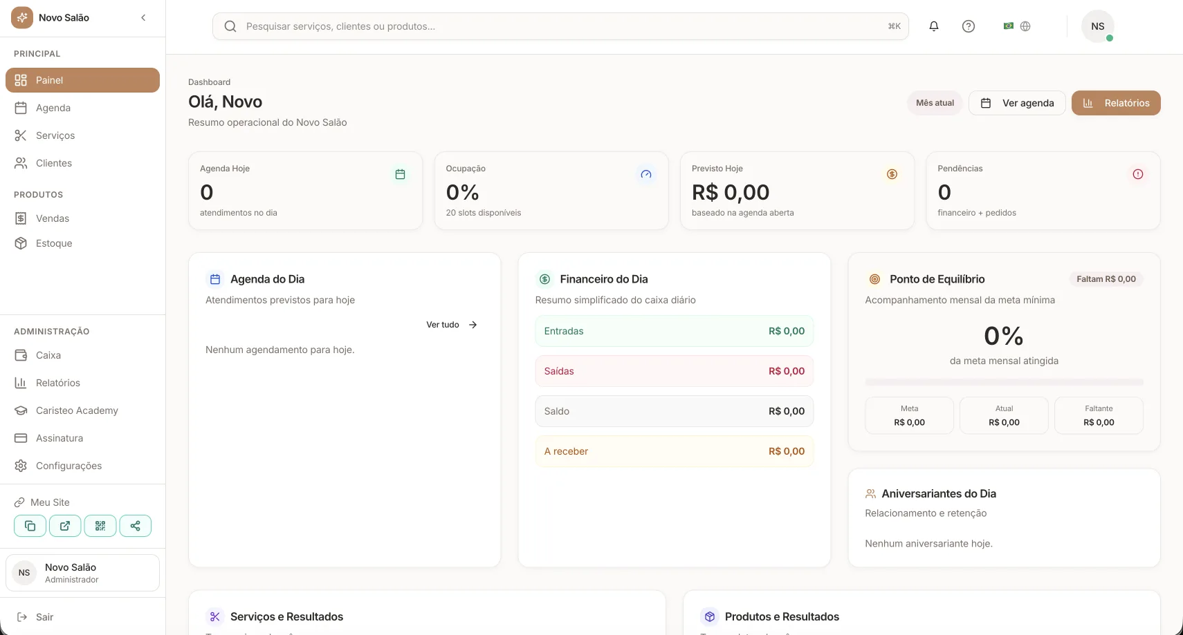 Dashboard do Gestão Salão com agenda e indicadores financeiros