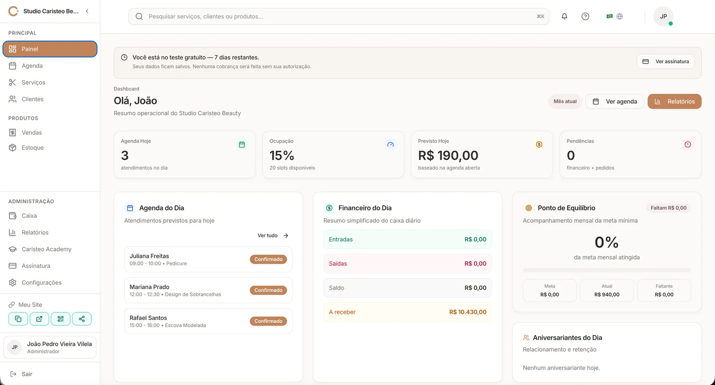 Dashboard real do Caristeo Beauty com agenda preenchida e indicadores financeiros