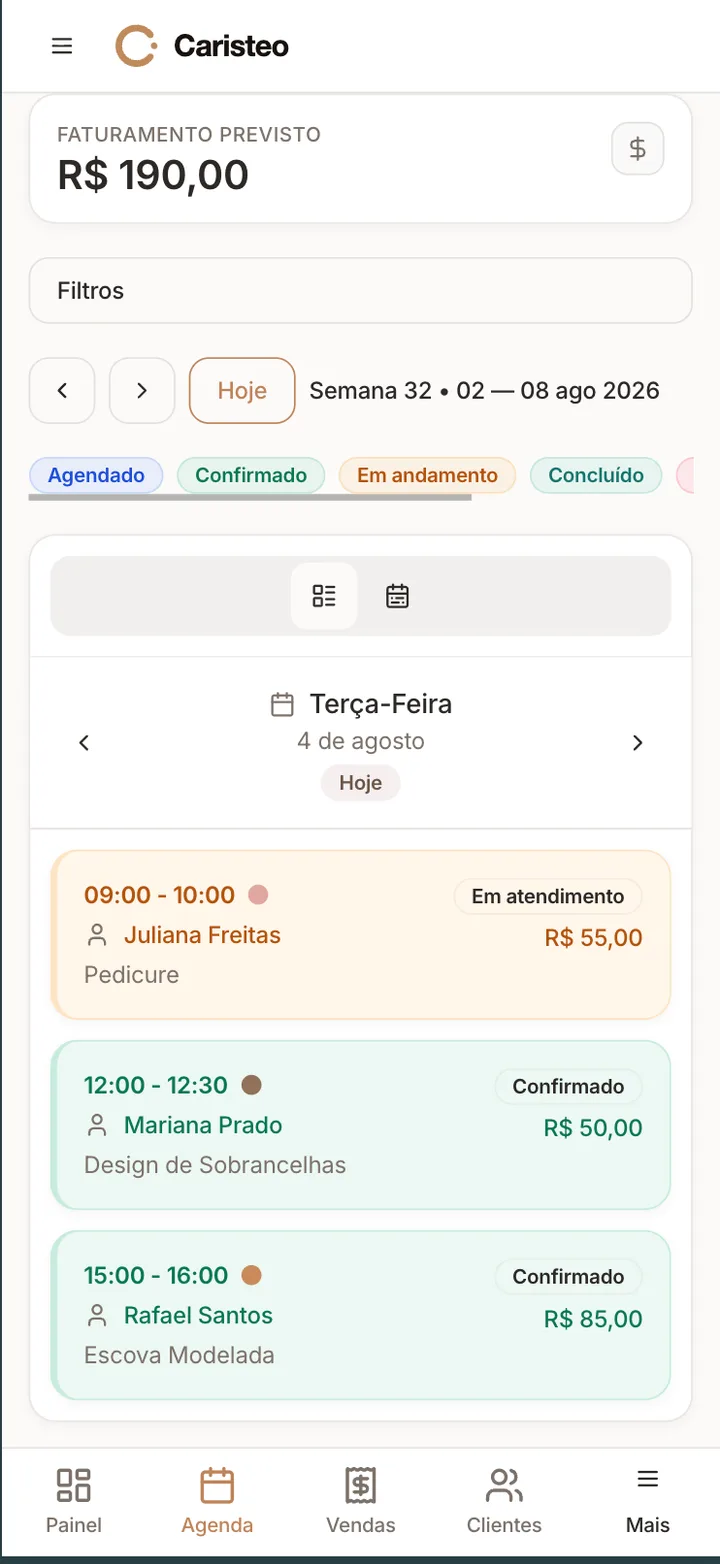 Agenda do Caristeo Beauty exibida em um celular