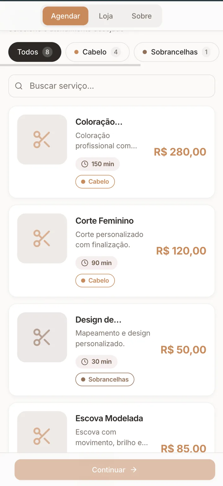 Página pública do salão para escolher e agendar um serviço pelo celular